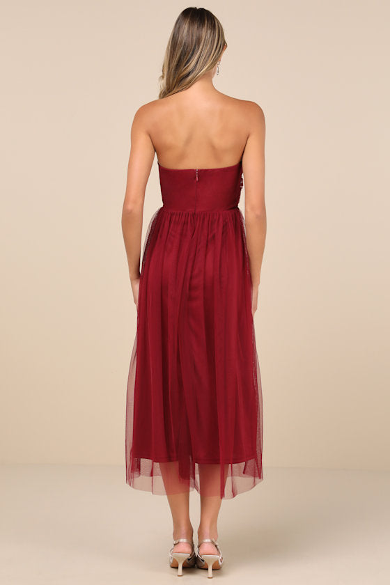 Perfect Whimsy Burgundy Mesh Strapless Midi Dress