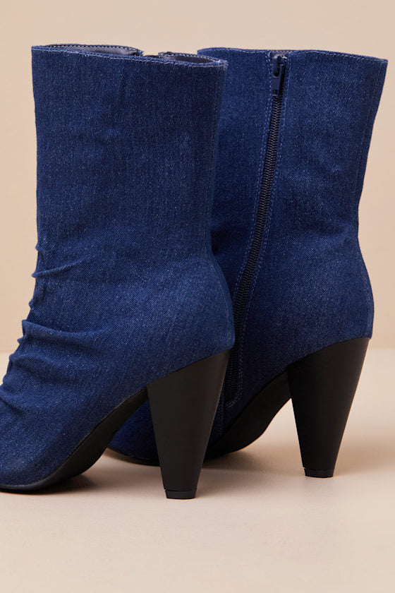 Klint Denim Ruched Pointed-Toe Ankle Boots