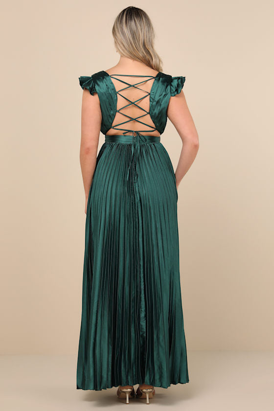 Exceptional Drama Emerald Satin Lace-Up Pleated Maxi Dress