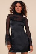 Exceptional Muse Black Satin Mock Neck Mini Dress