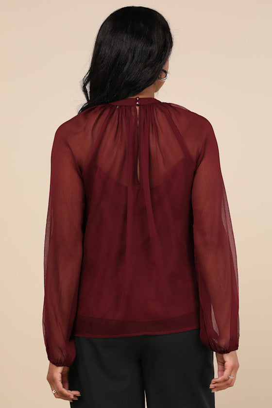 Angelically Airy Burgundy Balloon Sleeve Top