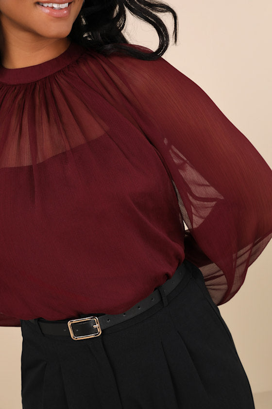 Angelically Airy Burgundy Balloon Sleeve Top