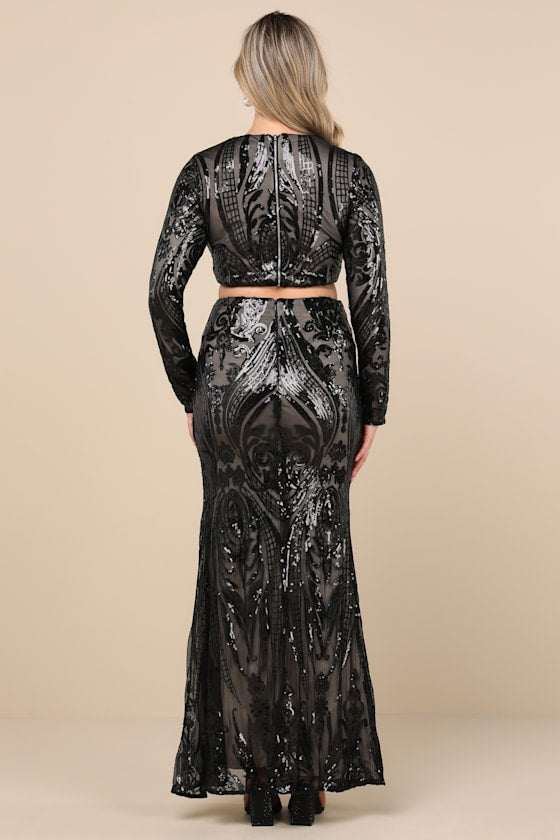 Luxe Aesthetic Black Sequin Long Sleeve Two-Piece Maxi Dress