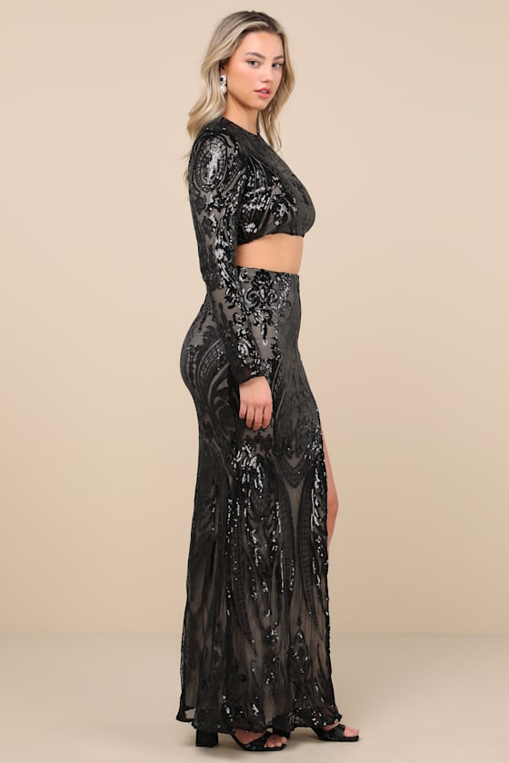 Luxe Aesthetic Black Sequin Long Sleeve Two-Piece Maxi Dress