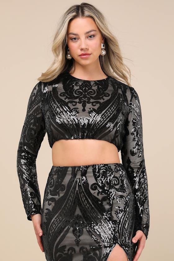 Luxe Aesthetic Black Sequin Long Sleeve Two-Piece Maxi Dress