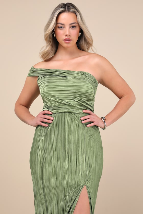 Poised Performance Olive Green Plisse One-Shoulder Maxi Dress