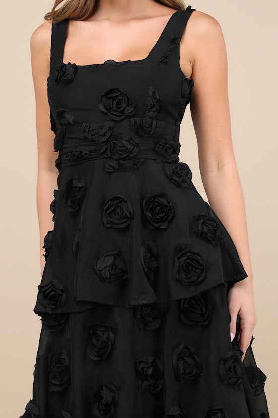 Exceptional Entrance Black Sleeveless Tiered Rosette Midi Dress