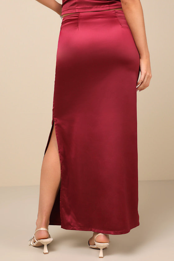 Priscilla Burgundy Satin Maxi Skirt