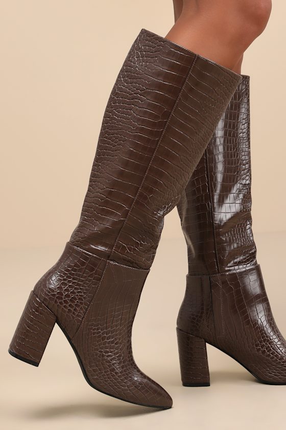 Katari Espresso Croc-Embossed Pointed-Toe Knee High Boots