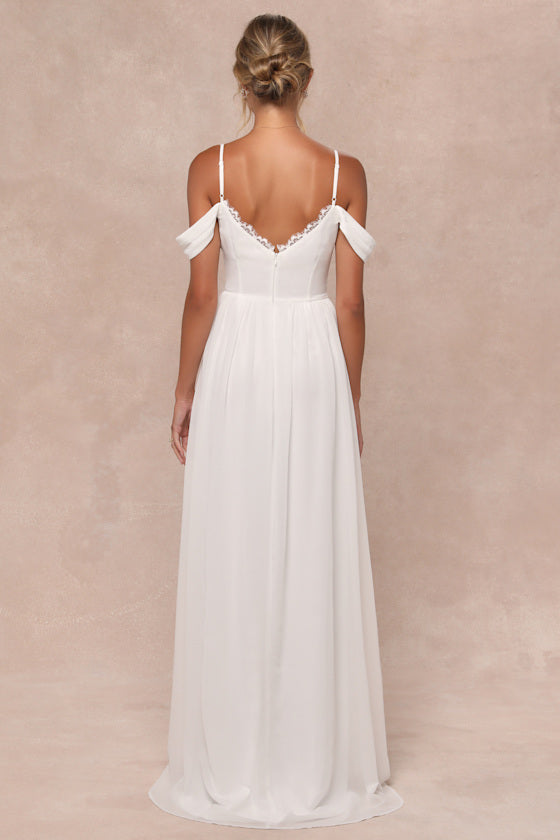 Marcelyn White Pleated Cold-Shoulder Maxi Dress