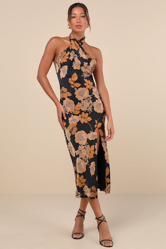Beyond Classy Black Floral Satin Halter Midi Dress