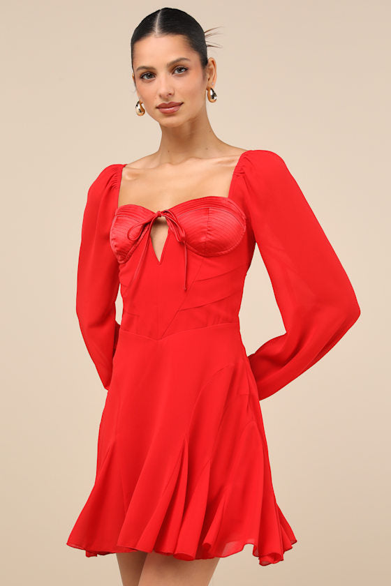 Excellent Presence Red Long Sleeve Tie-Back Mini Dress
