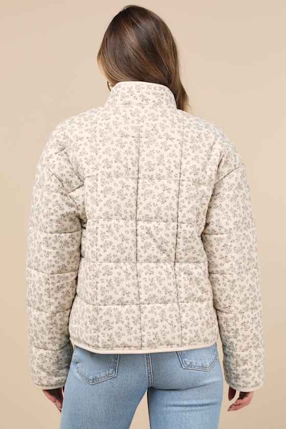 Bundled Perfection Light Beige Floral Quilted Puffer Jacket