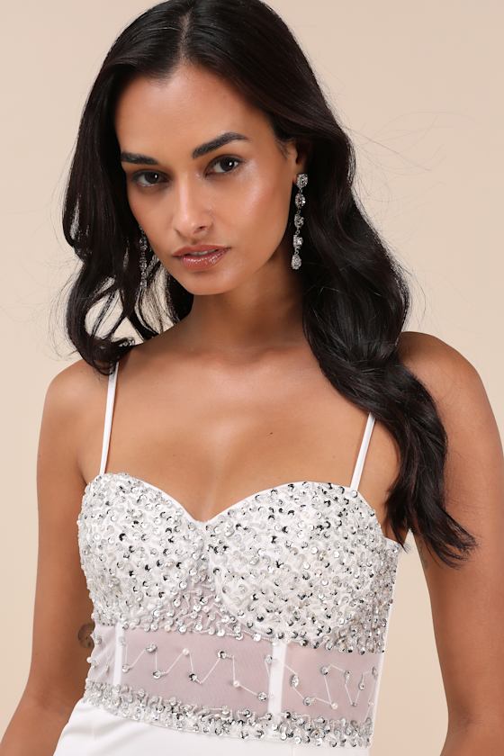 Luxe Allure White Beaded Rhinestone Bustier Maxi Dress