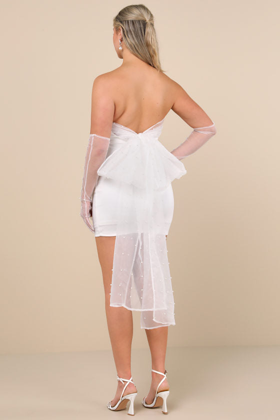 Flawless Entrance White Pearl Organza Bow Strapless Mini Dress