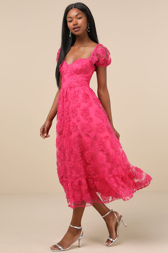 Notable Elegance Fuchsia Mesh Floral Applique Bustier Midi Dress
