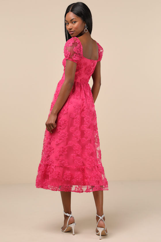 Notable Elegance Fuchsia Mesh Floral Applique Bustier Midi Dress