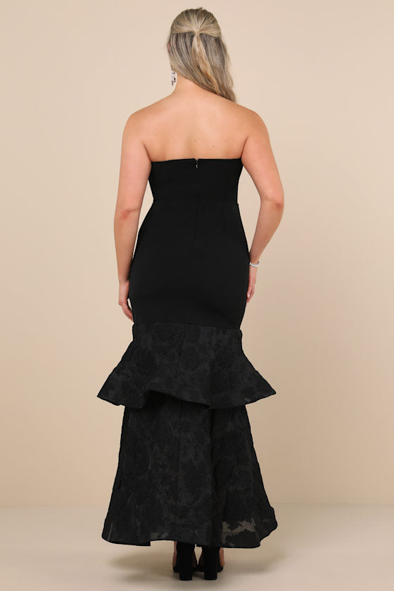 Immense Drama Black Strapless Tiered Jacquard Maxi Dress