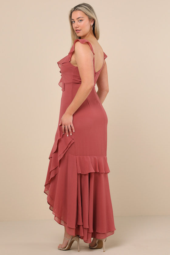 Charming Event Rusty Rose Asymmetrical Ruffled Maxi Dress
