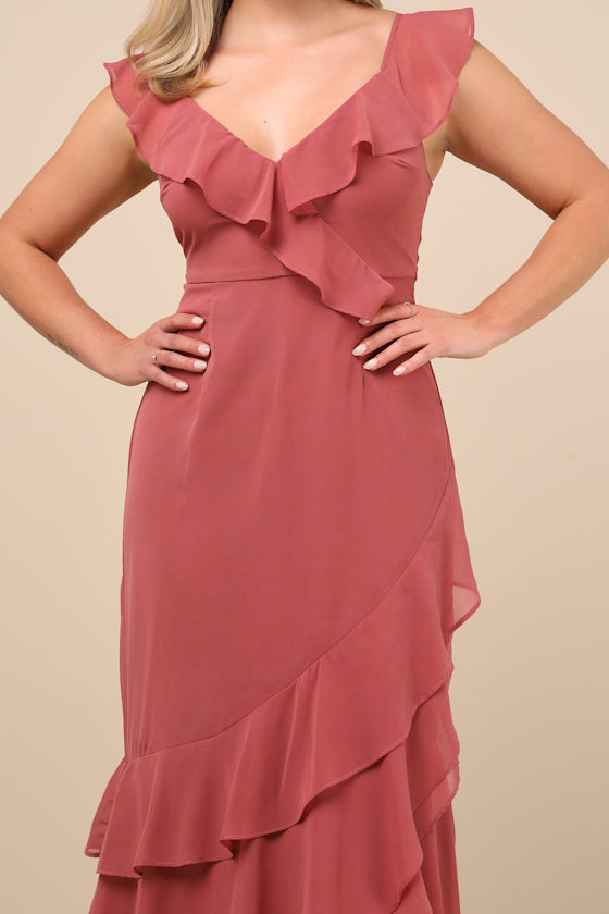 Charming Event Rusty Rose Asymmetrical Ruffled Maxi Dress
