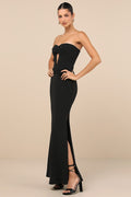 Elegant Finesse Black Pleated Cutout Maxi Dress