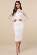 Impressive Flirt White Mesh Ruched Mock Neck Midi Dress