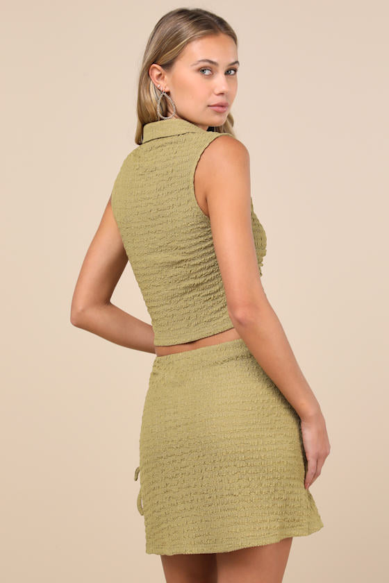 Luxe Cuteness Lime Green Textured Faux-Wrap Mini Skirt