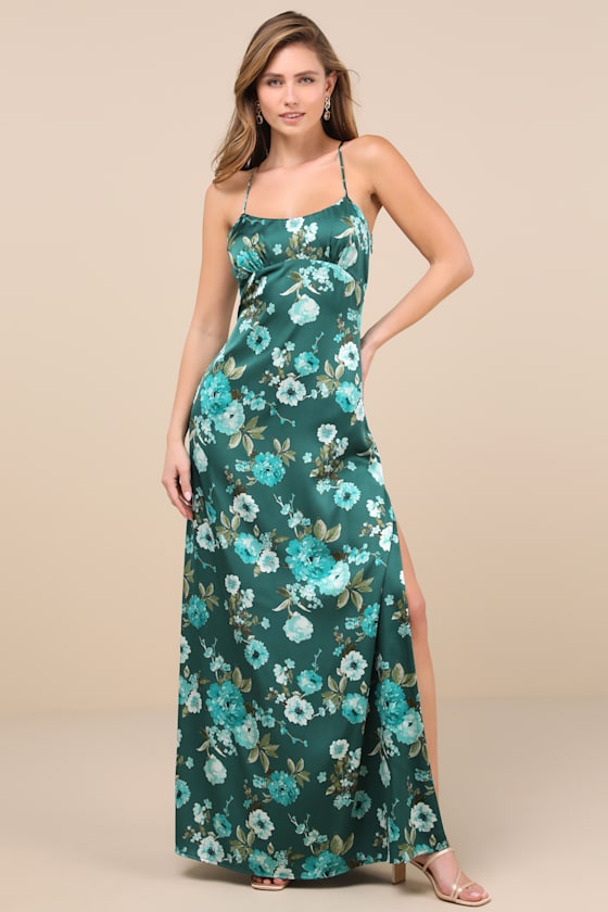 Wondrous Allure Green Floral Satin Backless Maxi Dress