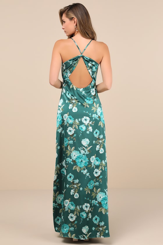 Wondrous Allure Green Floral Satin Backless Maxi Dress