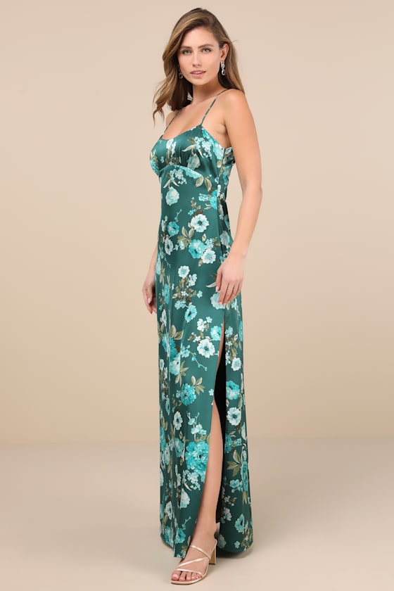 Wondrous Allure Green Floral Satin Backless Maxi Dress