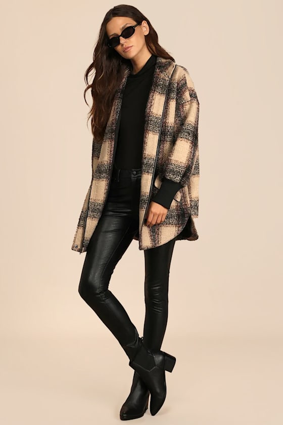 Layer on the Cozy Beige Multi Plaid Oversized Shacket