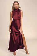 Classic Elegance Wine Satin Maxi Dress