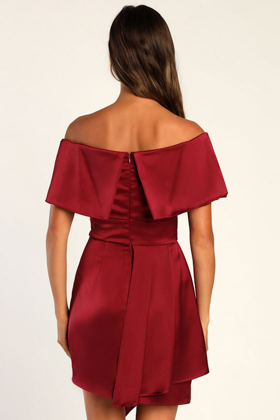 Always Celebrating Burgundy Satin Off-the-Shoulder Mini Dress
