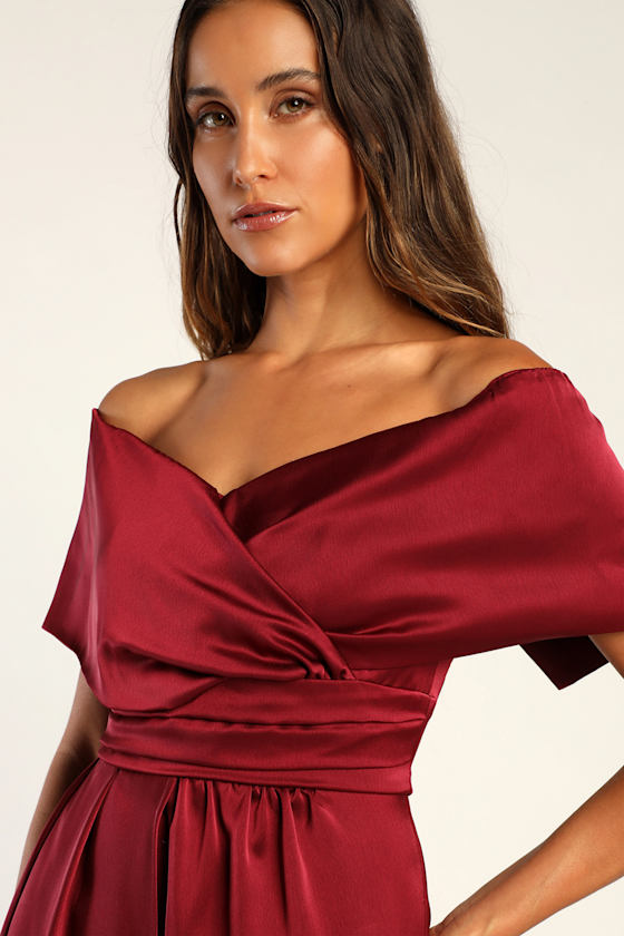 Always Celebrating Burgundy Satin Off-the-Shoulder Mini Dress