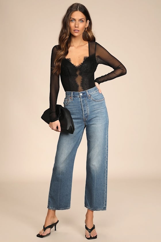 Stay Sultry Black Mesh Lace Long Sleeve Bodysuit