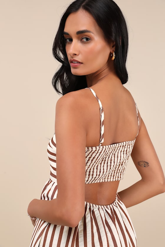 Exceptionally Pristine Brown and Cream Striped Cutout Midi Dress
