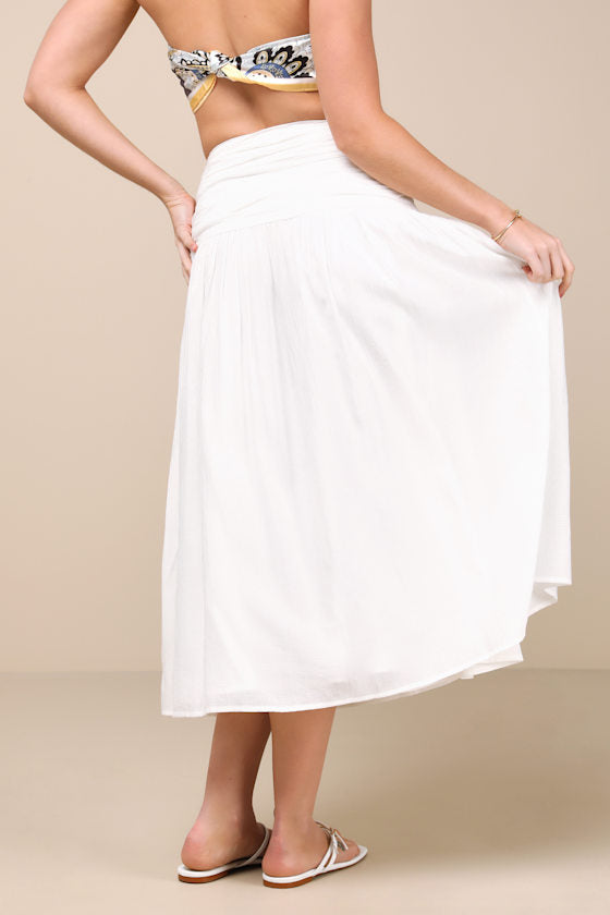 Kesia White Textured A-Line Midi Skirt
