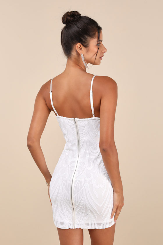 Aglow with Love Ivory Mesh Sequin Bustier Bodycon Mini Dress