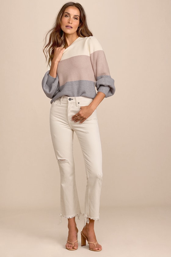 Open Book Cream Color Block Balloon Sleeve Sweater