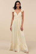 Soiree Celebration Light Yellow Ruffled Lace-Up Maxi Dress