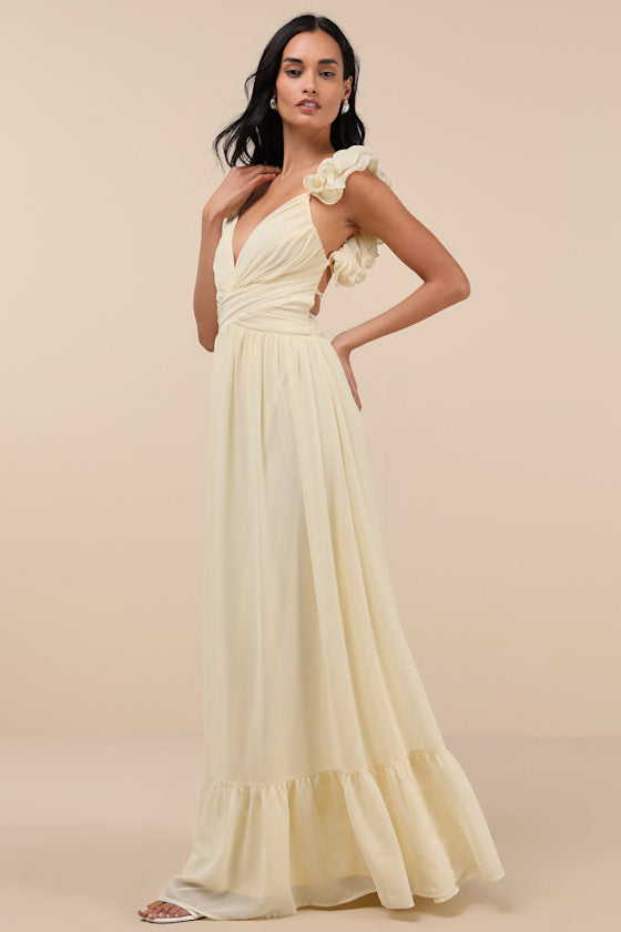 Soiree Celebration Light Yellow Ruffled Lace-Up Maxi Dress