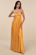 Whimsical Beauty Golden Yellow Satin Plisse Strapless Maxi Dress