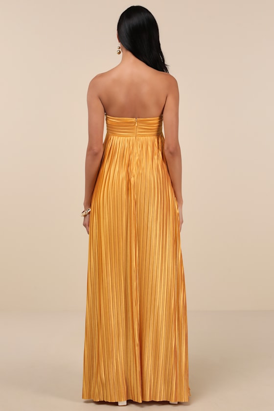 Whimsical Beauty Golden Yellow Satin Plisse Strapless Maxi Dress
