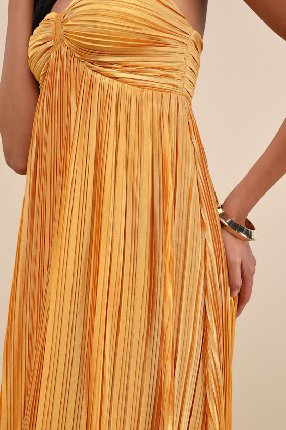 Whimsical Beauty Golden Yellow Satin Plisse Strapless Maxi Dress
