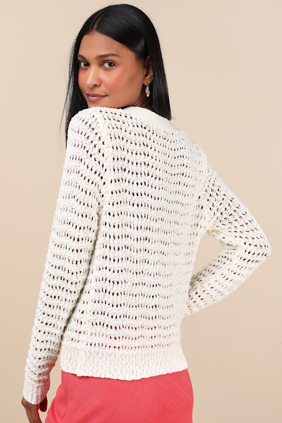 Breezy Attitude Ivory Loose Knit Button-Up Cardigan Sweater