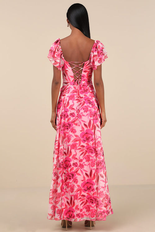 Sensationally Sweeter Bright Pink Floral Ruffled Maxi Dress
