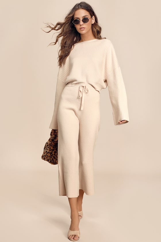 Snuggly Style Cream Ribbed Knit Cropped Sweater