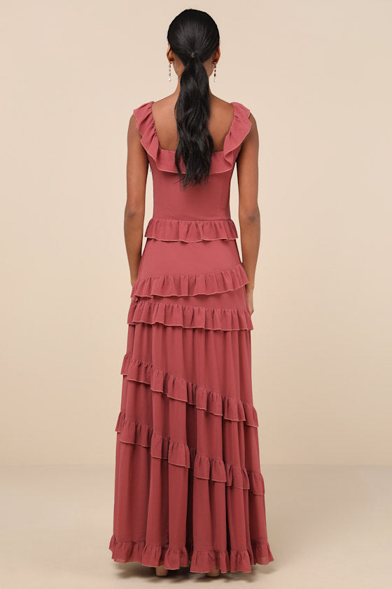 Compelling Romantic Rusty Rose Ruffled Tiered Maxi Dress