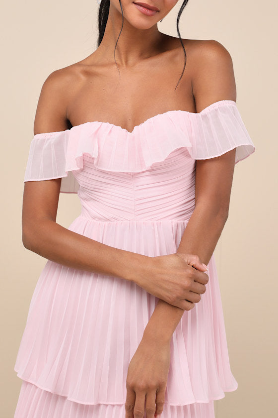 Always Remarkable Pink Pleated Off-the-Shoulder Maxi Dress