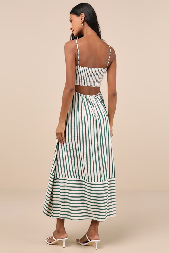 Exceptionally Pristine Green and Cream Striped Cutout Midi Dress